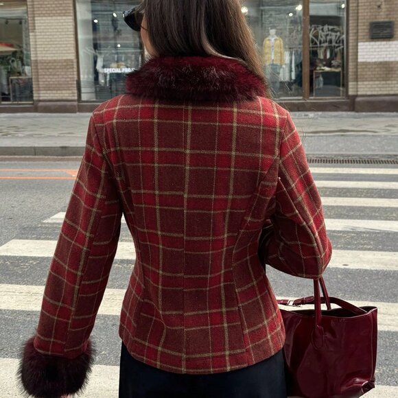 Multicolor Casual Women's Christmas Plaid Faux Fur Jacket - Picture 2 of 8